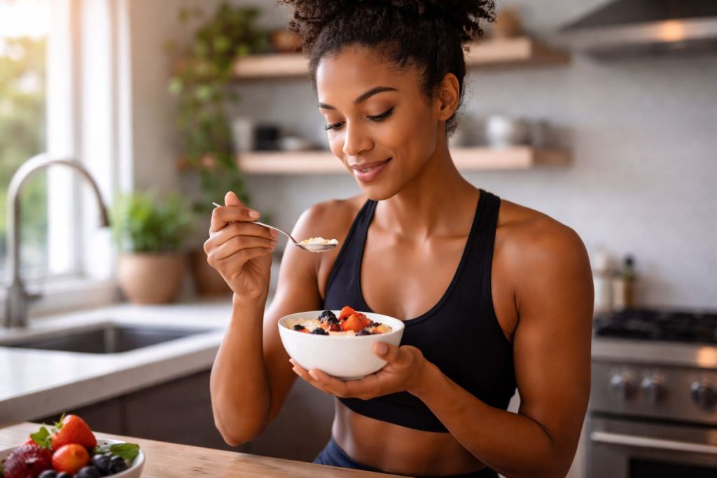 Frau sportlich isst
