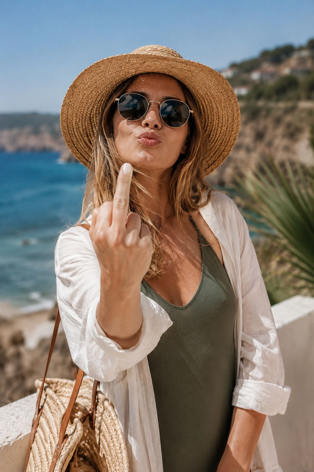 Frau Urlaub Mittelfinger