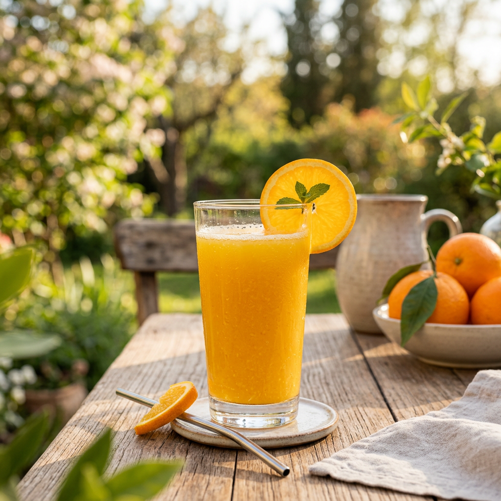 Tall glass of orange juice with orange slice and metal straw on wooden table
