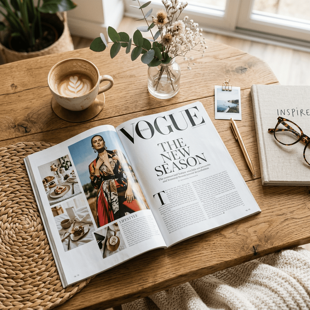 Open Vogue magazine with fashion article, coffee cup with latte art, small flower vase, pen, photograph, and inspirational notebook on wooden table