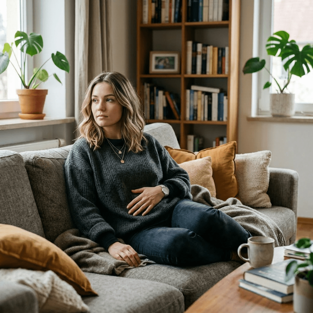 Woman sitting on sofa, looking thoughtful, wearing rust sweater and jeans
