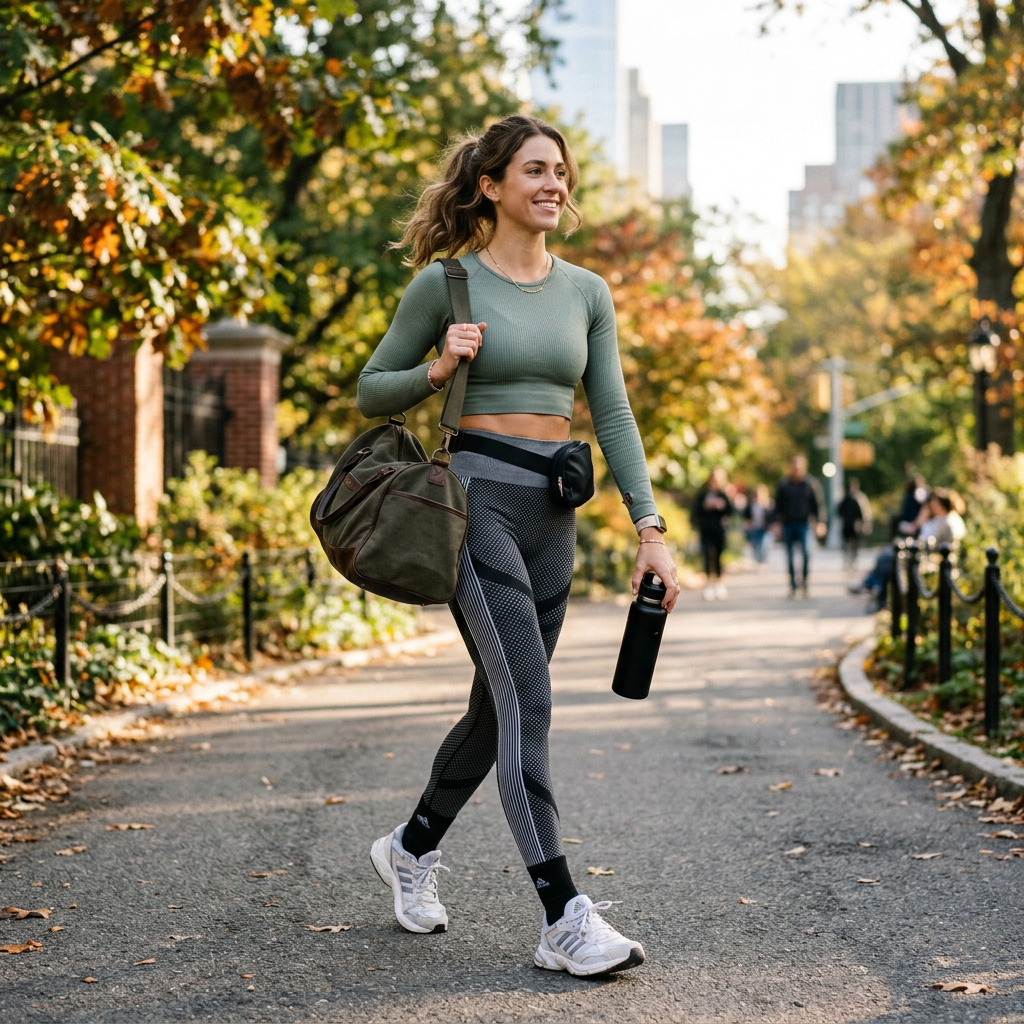 Woman in athletic wear walking in a city park holding a water bottle and carrying a gym bag