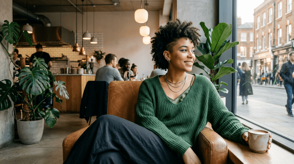 Relaxed diverse woman, unique look, modern setting