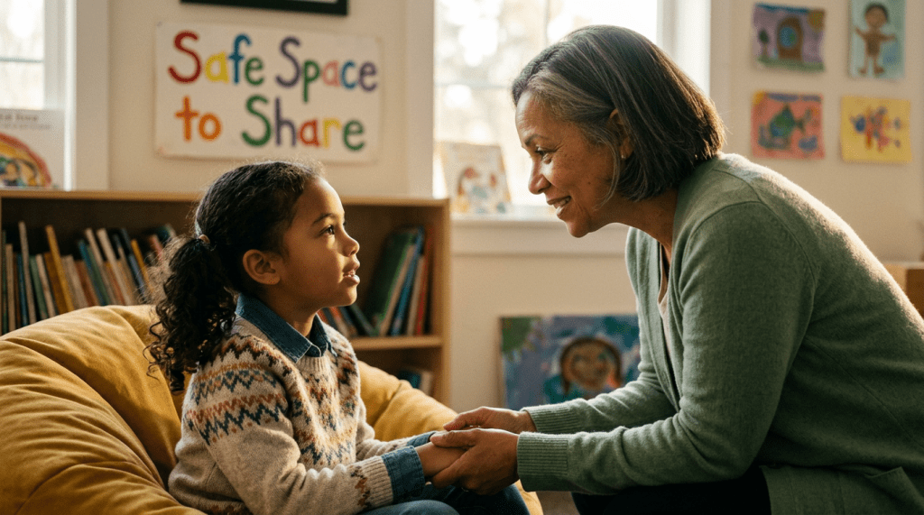 Diverse child feeling heard by adult, warm scene