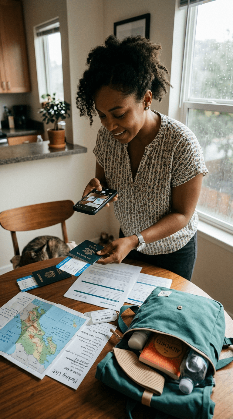 Woman taking photo of passport and boarding pass while organizing travel documents