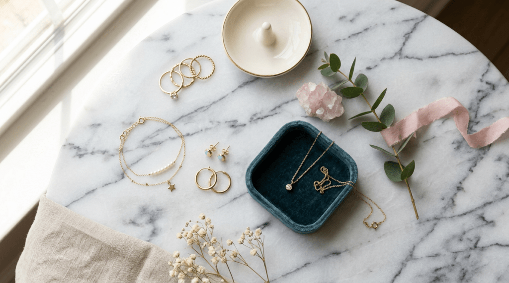 Gold rings, bracelets, earrings, and a necklace displayed on a marble surface with flowers and a crystal