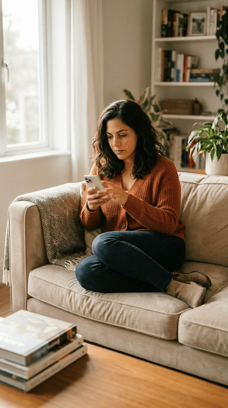 Woman sitting cross-legged on a beige couch smiling at her smartphone