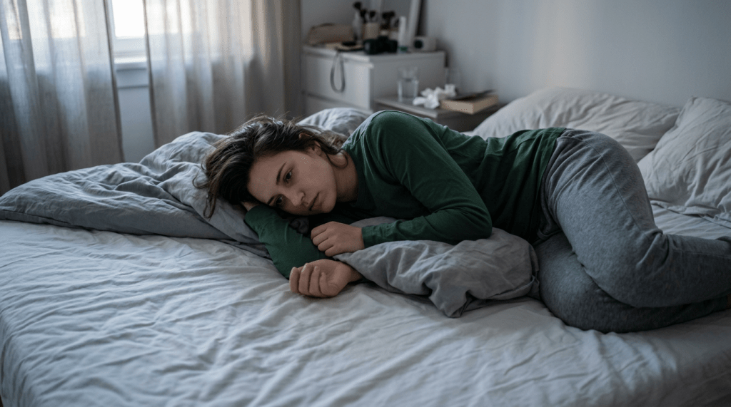 Woman lying on her side on a bed looking contemplative and subdued
