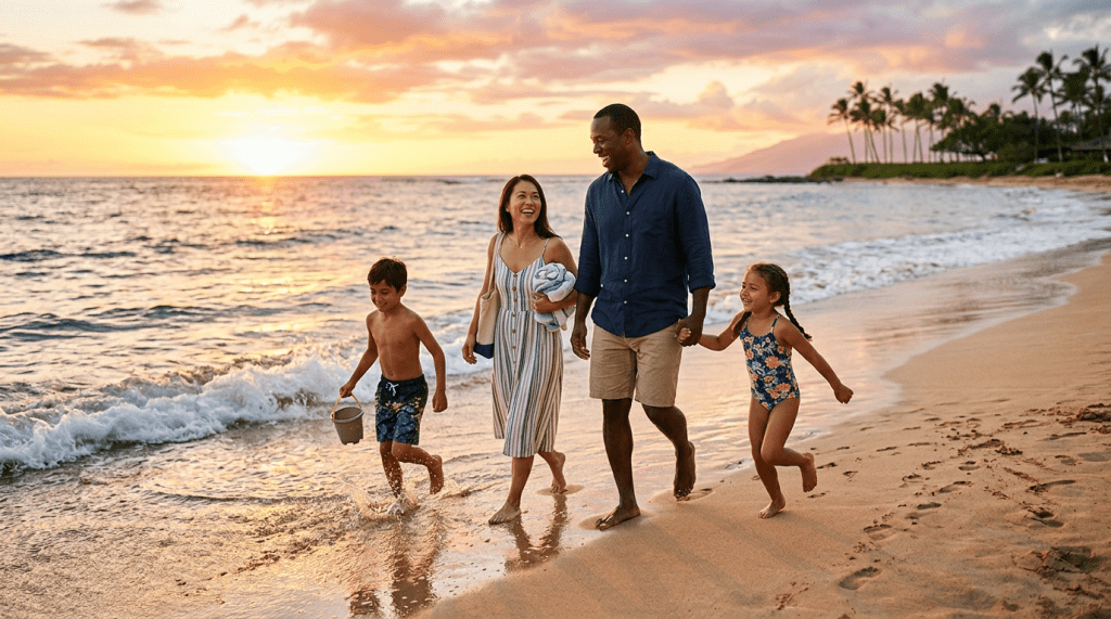 Five family members walking barefoot on a sandy beach at sunset, smiling and holding hands