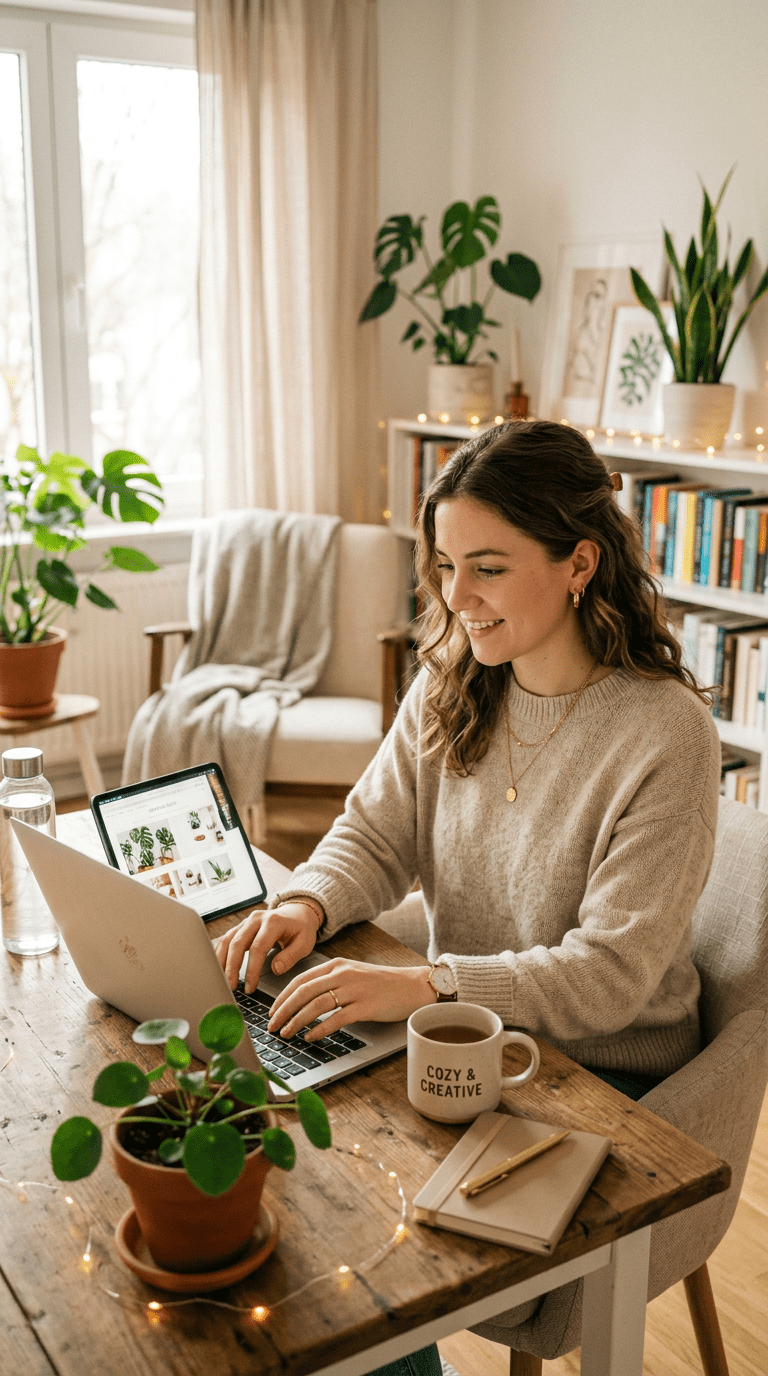 Woman sitting at laptop, aesthetic Instagram vibe