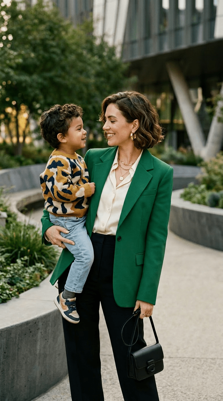 Mother in green blazer holding her young son in patterned sweater outdoors