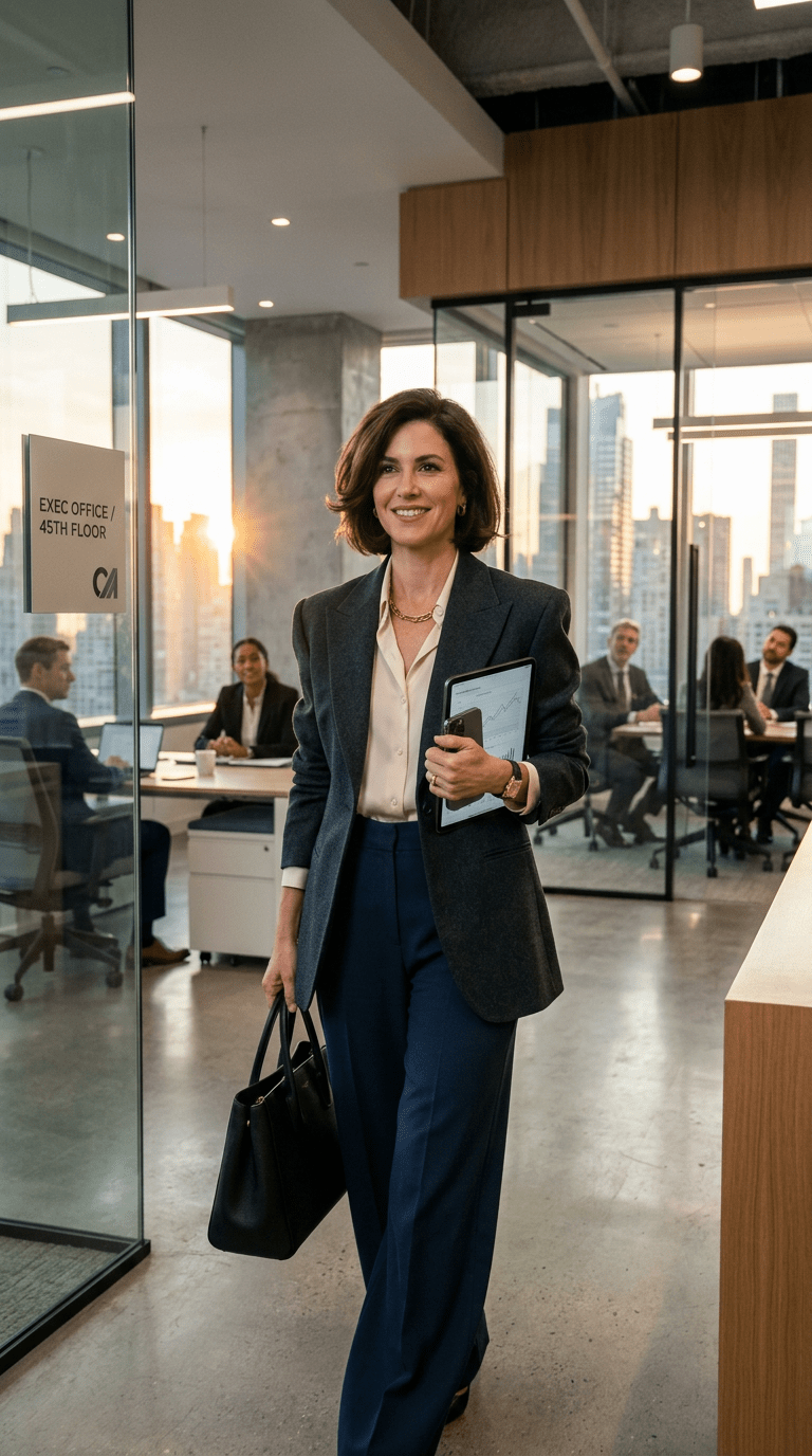 Smiling professional woman walking into executive office holding tablet and handbag