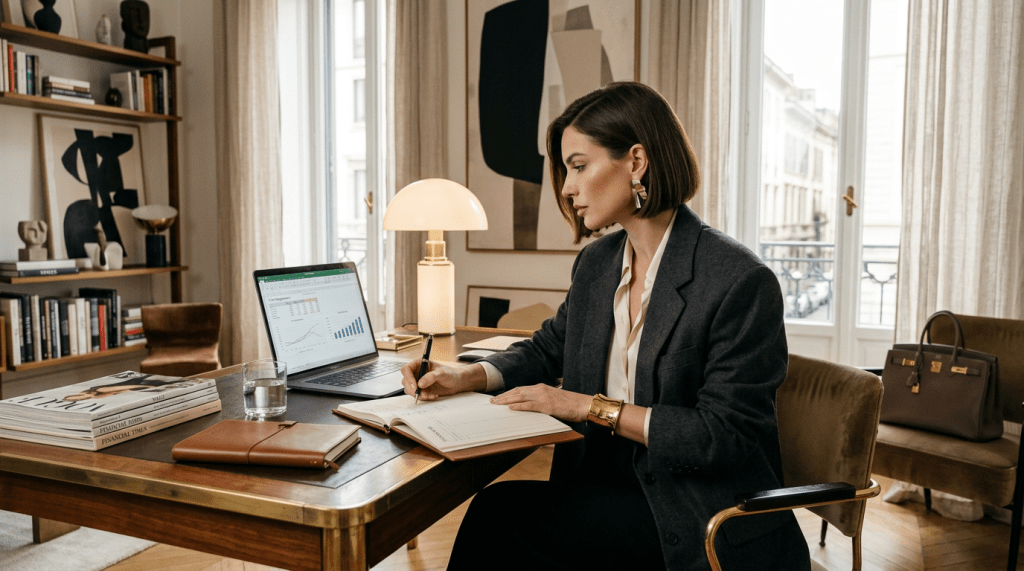 Woman writing in a notebook while viewing financial graphs on laptop