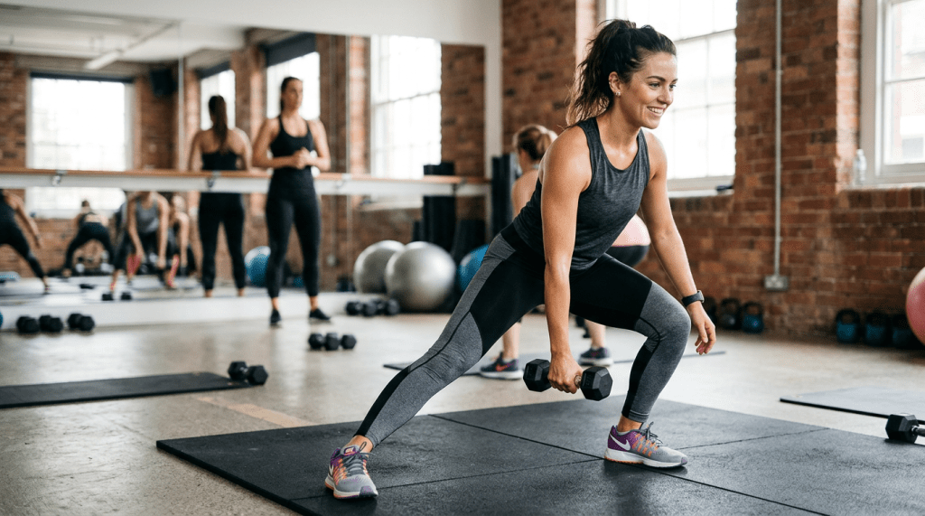 Woman doing lateral lunge with dumbbells on gym mat