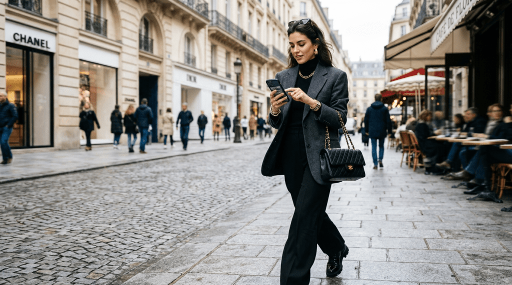 Woman in dark clothing walking on cobblestone street while using smartphone
