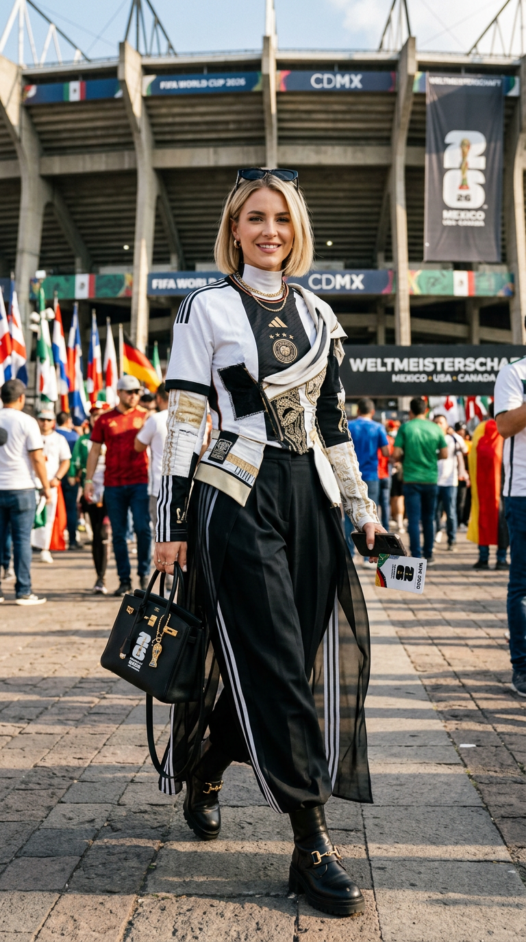 Woman in stylish football-themed outfit walking outside a stadium with flags and crowd in background