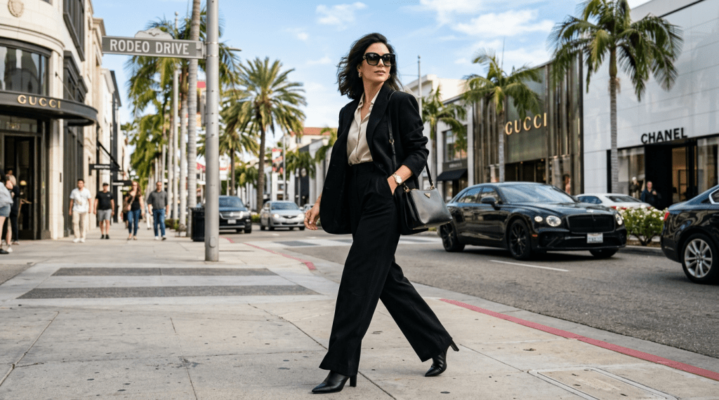 Woman in black blazer and trousers walking on Rodeo Drive near Gucci and Chanel stores