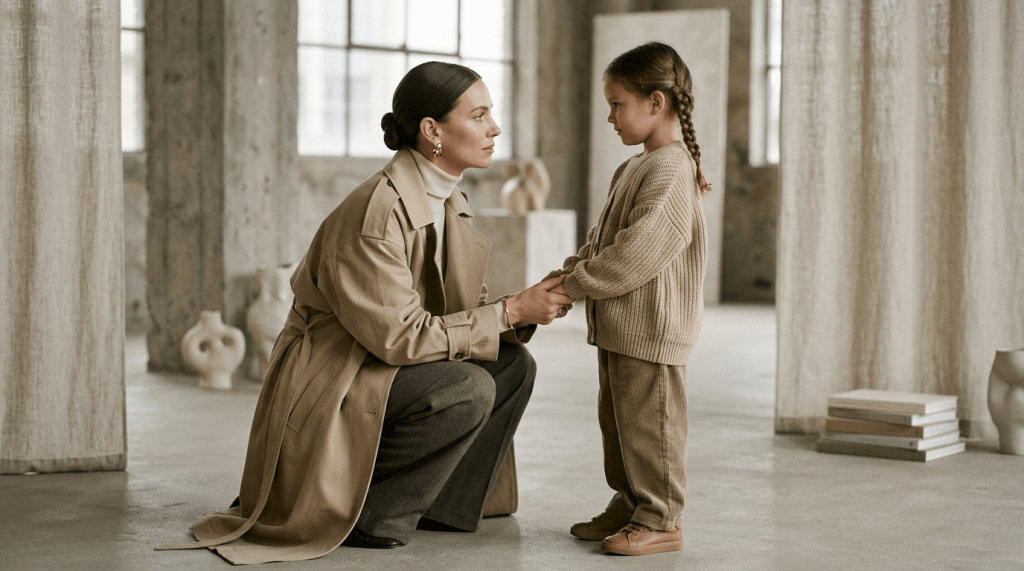 Mother kneeling and holding hands with young girl in beige tones