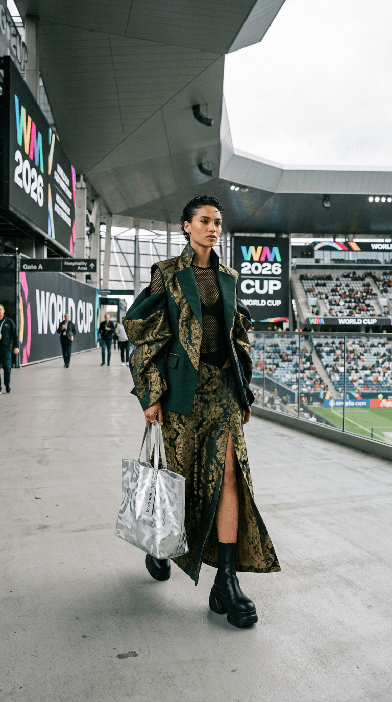 Woman wearing patterned jacket and skirt with mesh top and platform boots walking in stadium corridor