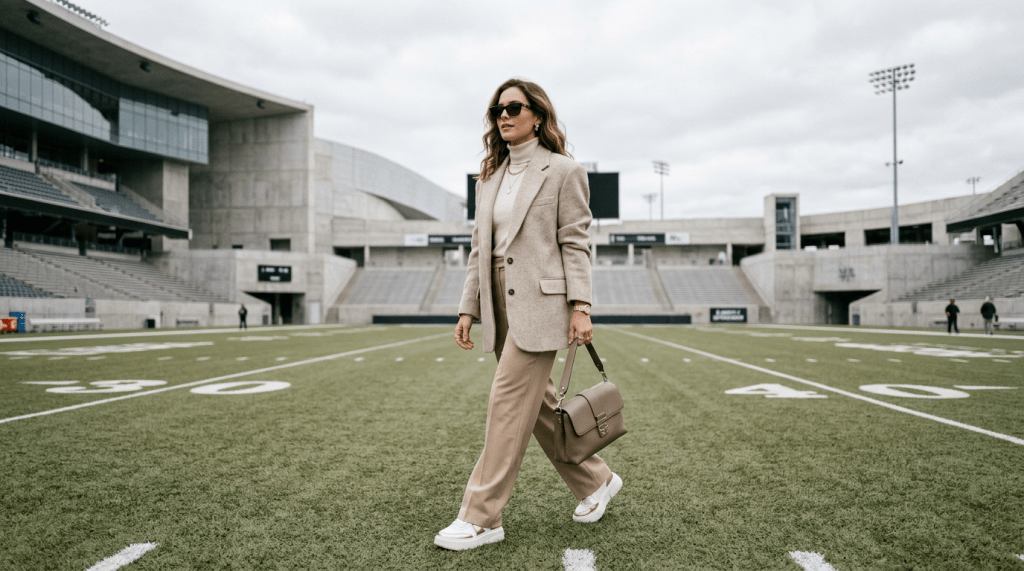 Woman wearing beige blazer, turtleneck, and pants walking on football field carrying a handbag