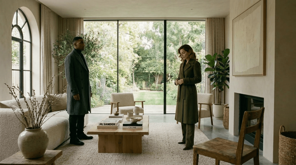 Heterosexual couple standing apart in living room