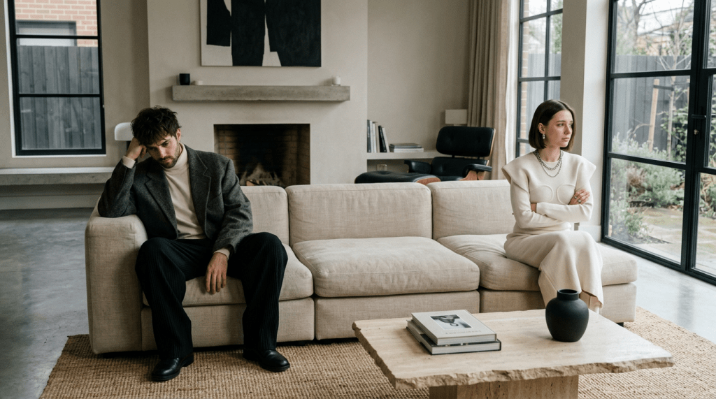 Unhappy couple highfashion neutral aesthetic living room