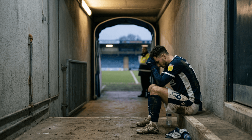 Depressed footballer sitting in stadium tunnel