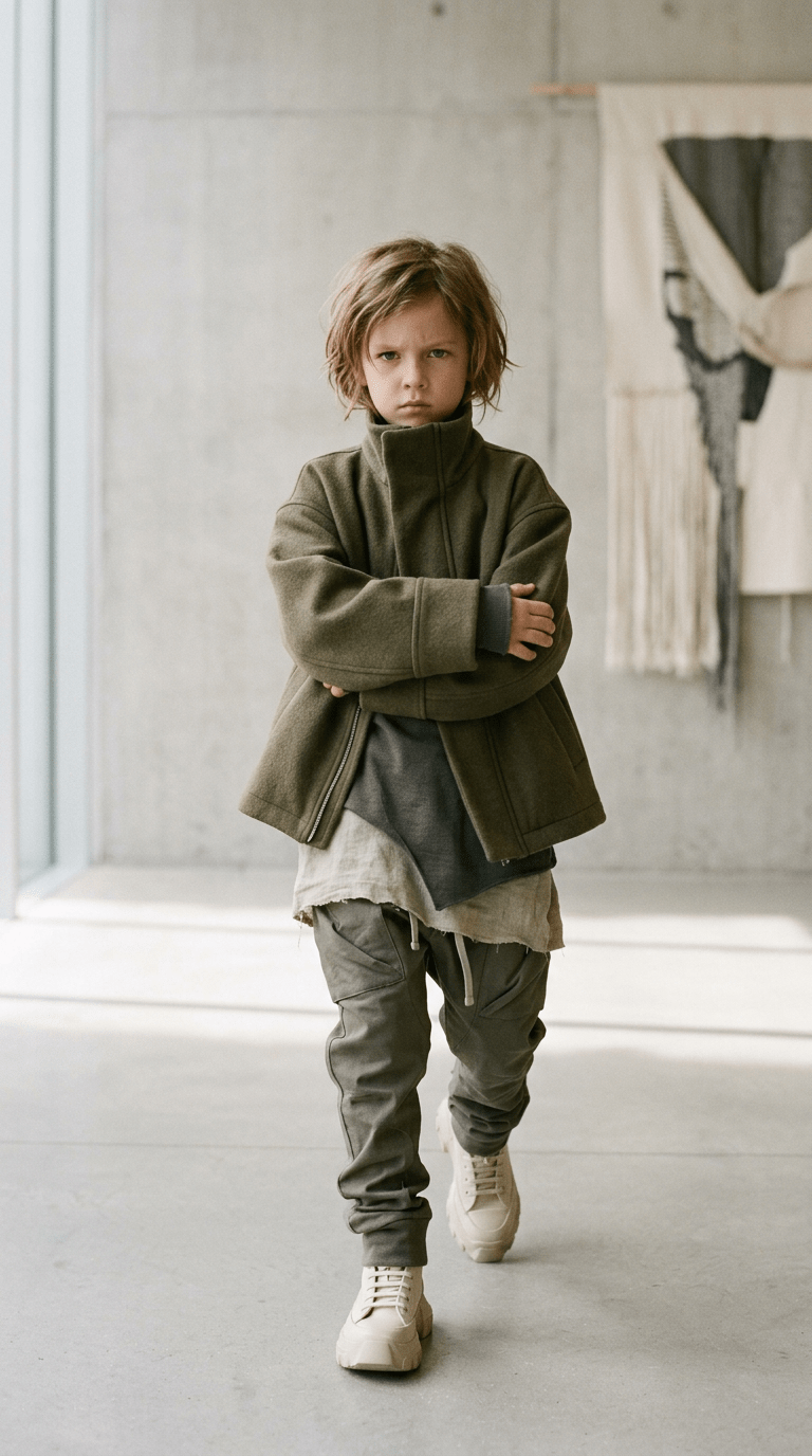 Child standing with arms crossed wearing green jacket, cargo pants, and white sneakers