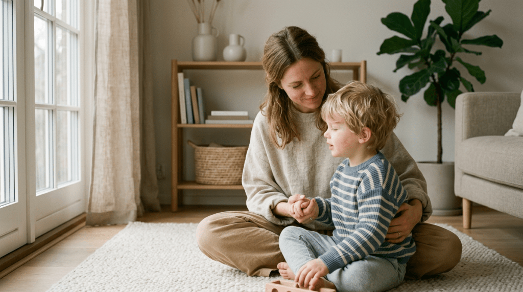 Mother and young boy sitting on a rug, holding hands and engaging warmly