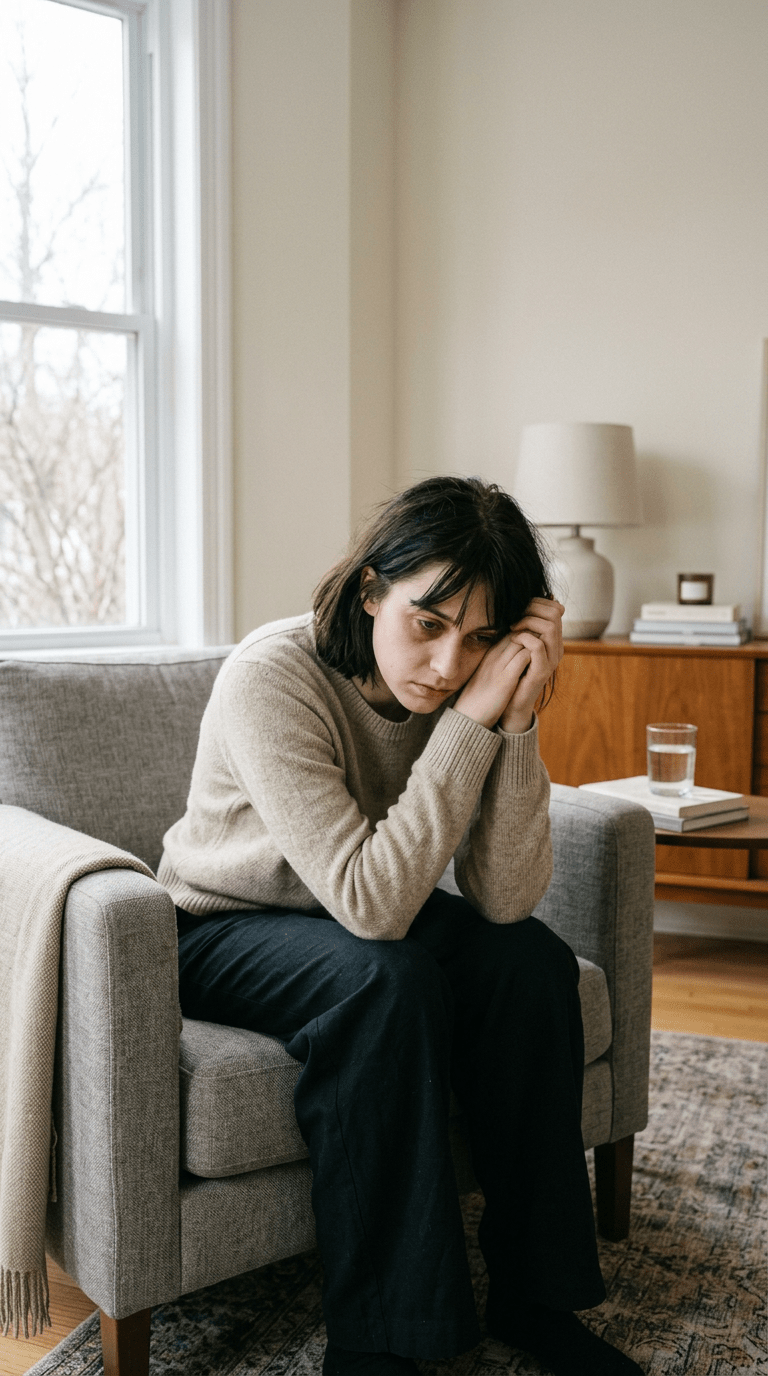 Woman sitting on gray armchair, looking thoughtful and sad
