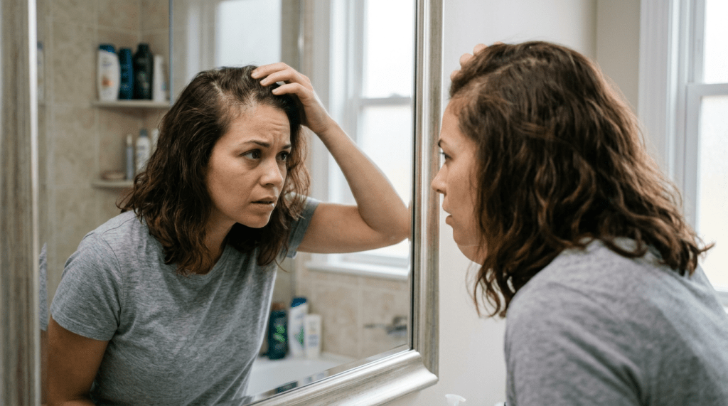 Woman looking at hairline in bathroom mirror, concerned