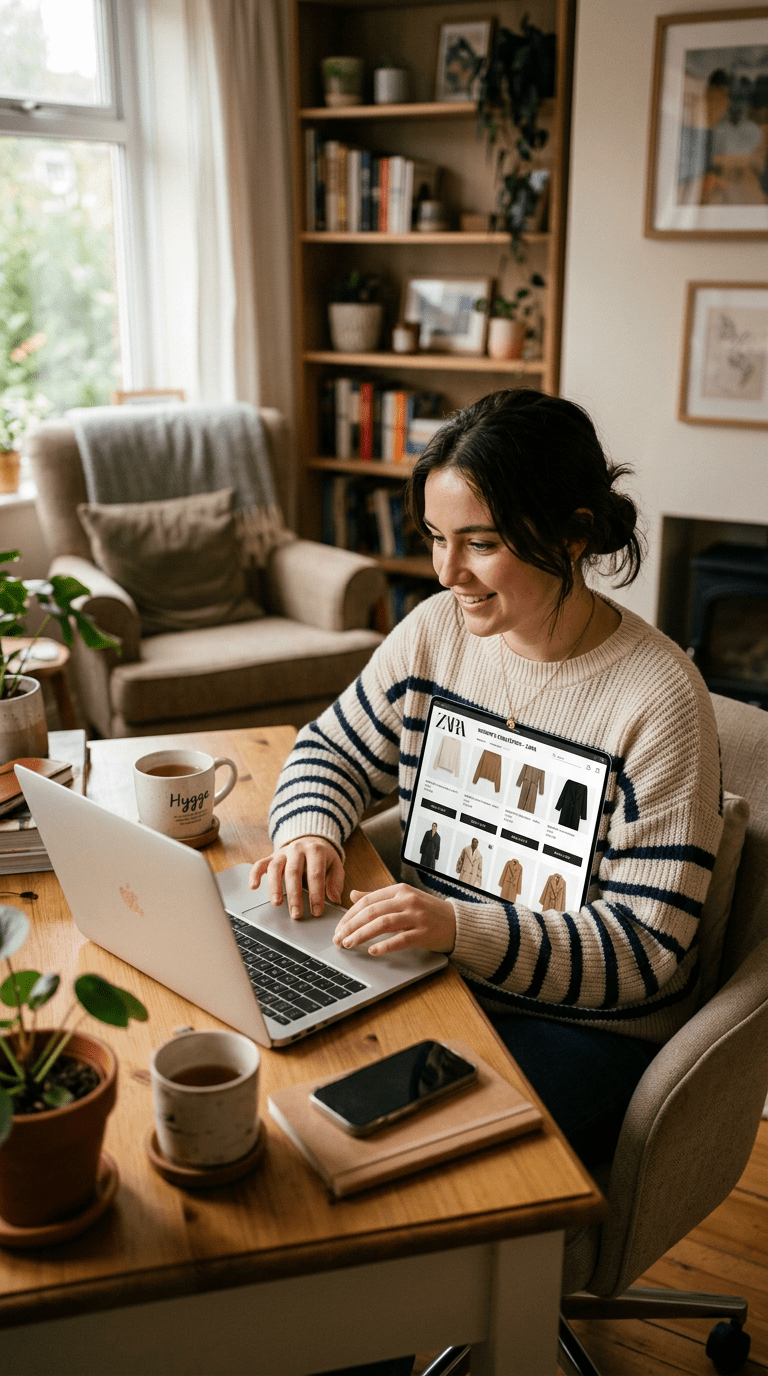 Woman using laptop to browse Zara winter and outerwear collection online