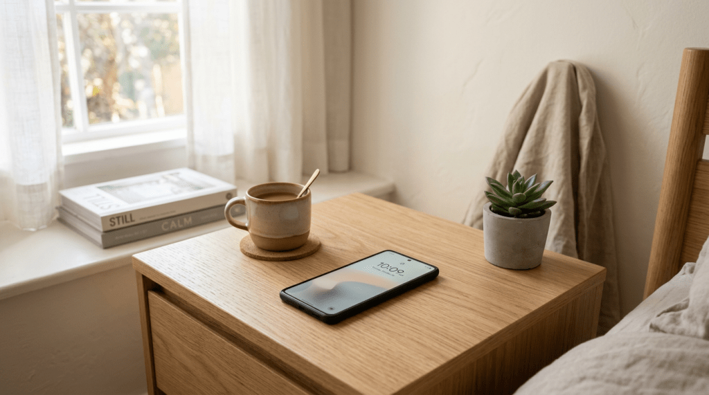 Wooden bedside table with smartphone showing 10:09, ceramic cup of coffee with spoon, and small potted succulent