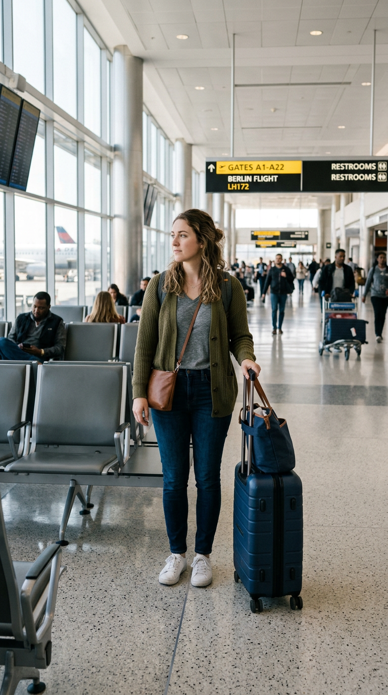 Young woman standing in airport terminal near seating with suitcase and handbag