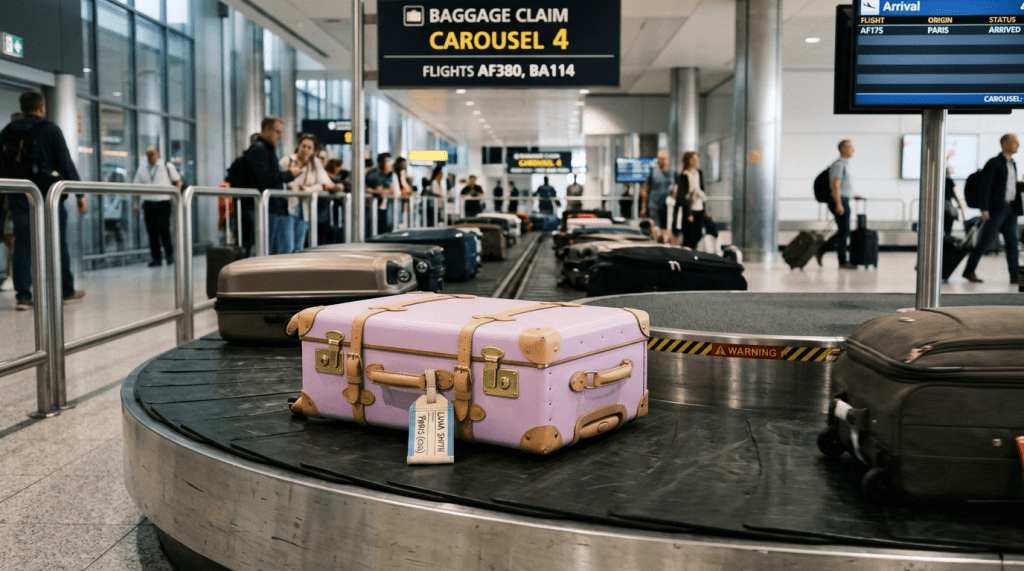 Suitcases on an airport baggage claim carousel with passengers waiting