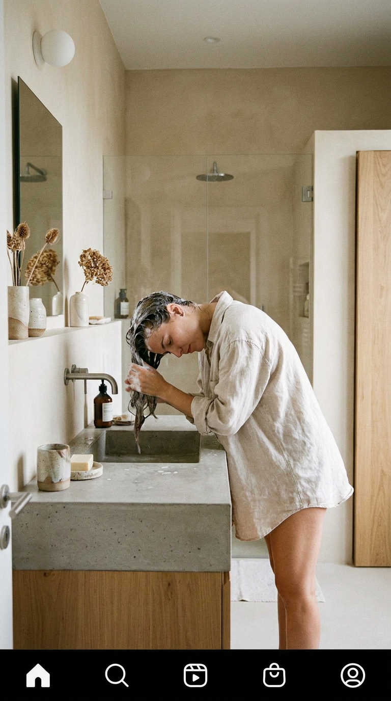 Woman washing hair over bathroom sink with natural light