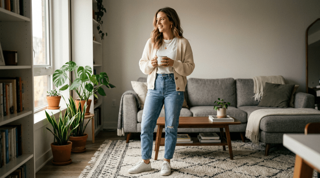 Woman holding a mug standing in a bright living room with plants and a gray couch