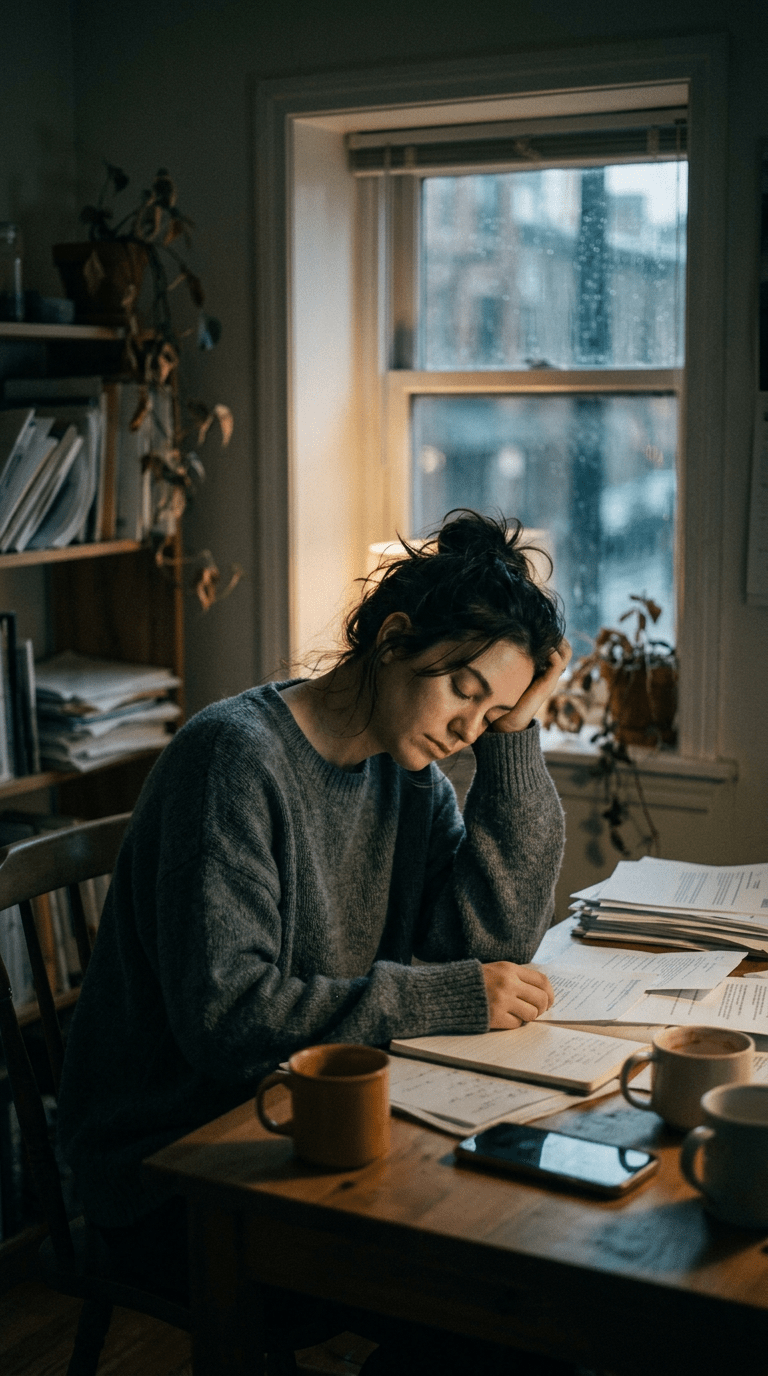 Tired woman studying at a table with books, papers, and mugs