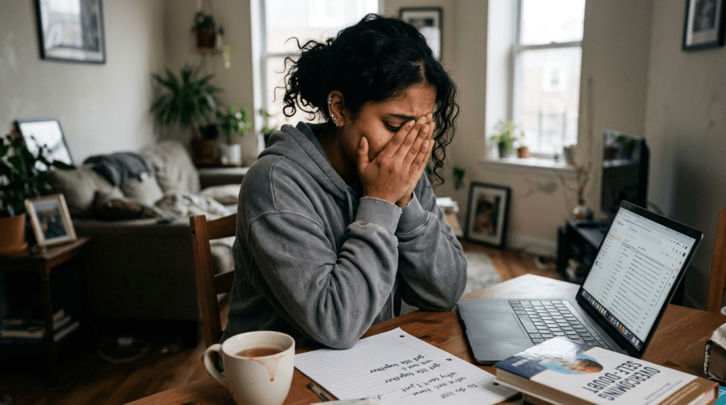 Woman covering face in frustration at table with laptop, papers, and coffee cup