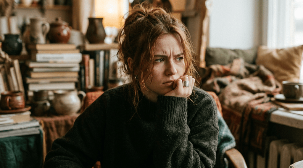 Woman resting chin on hand looking away thoughtfully in cozy room with books and pottery