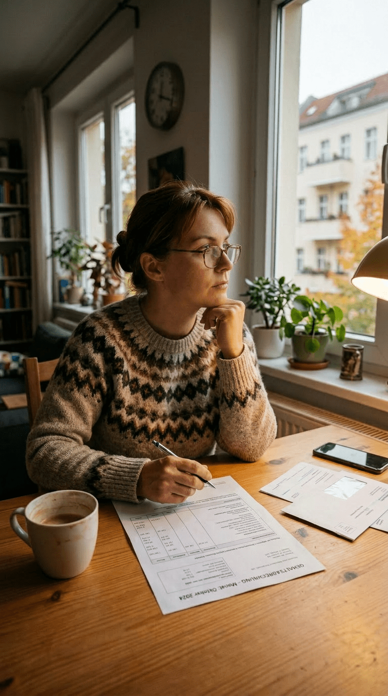 Woman sitting at table reviewing bills and holding a pen