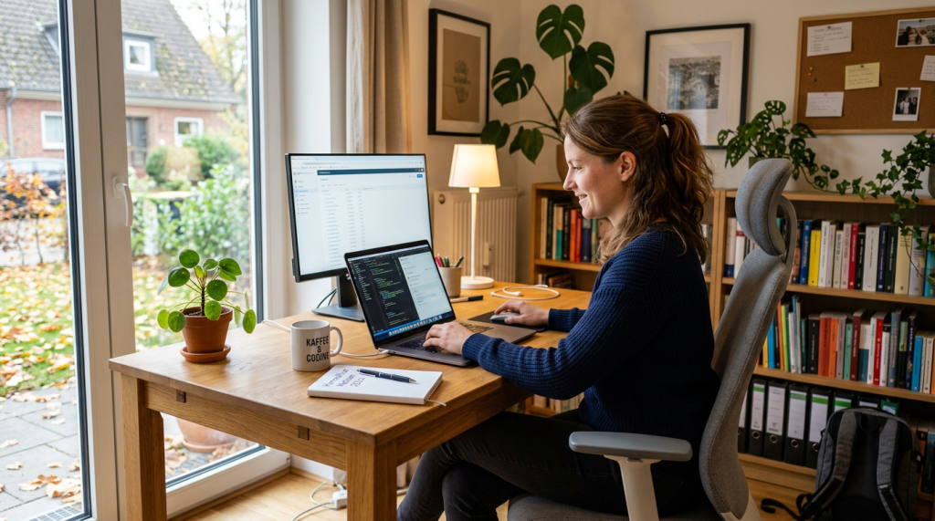 Woman working at a wooden desk with laptop and external monitor in home office