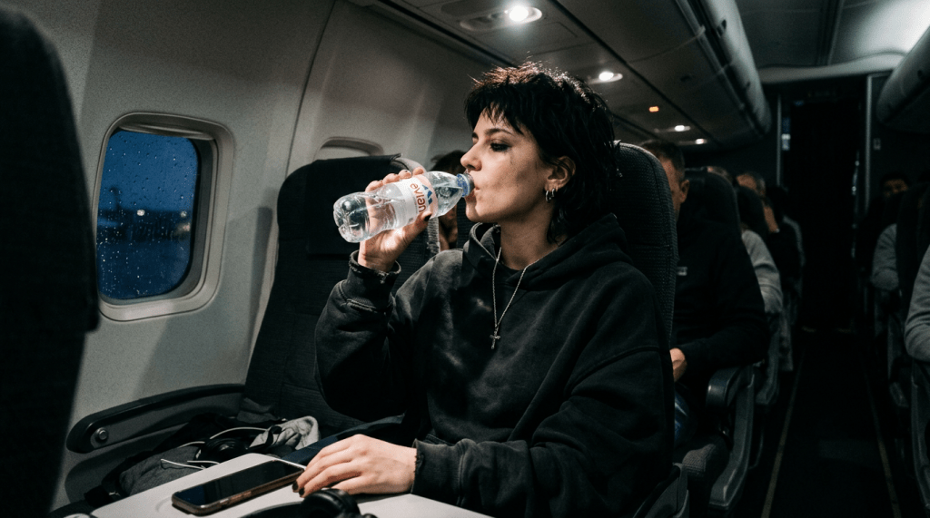 Young woman drinking bottled water on airplane seat at night