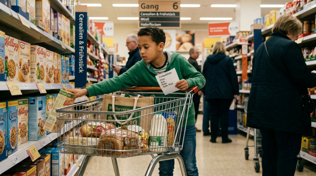 Boy selecting cereal box in supermarket aisle while holding shopping list
