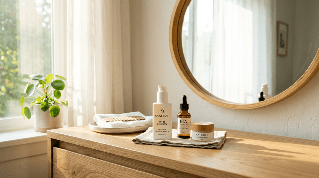 Three skincare products on wooden dresser with round mirror and plant nearby