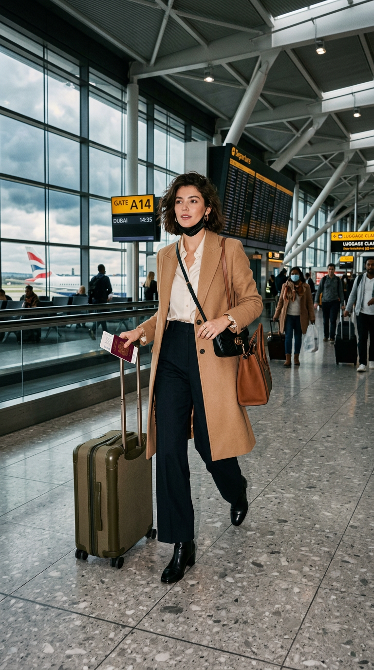 Woman walking through airport terminal carrying suitcase and passport near gate A14