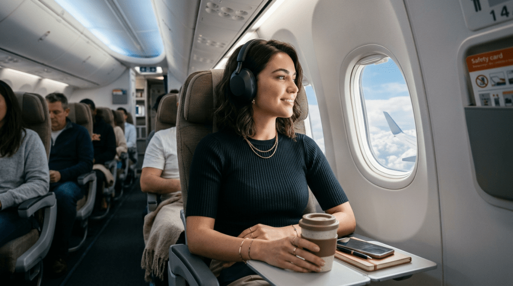 Woman with headphones holding coffee cup seated by airplane window with notebook and smartphone on tray