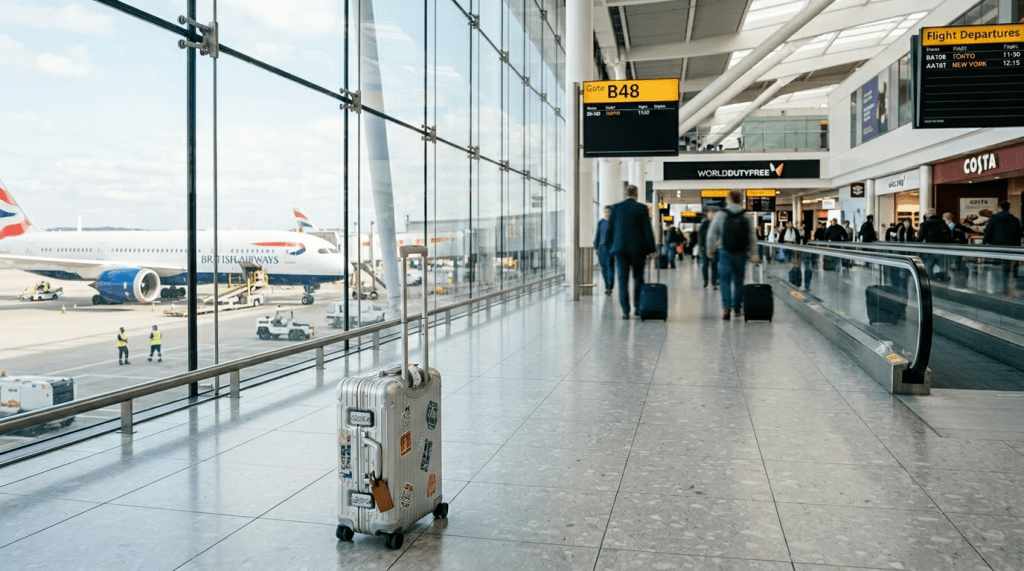 Woman walking in airport terminal with suitcase and boarding pass near gate B48