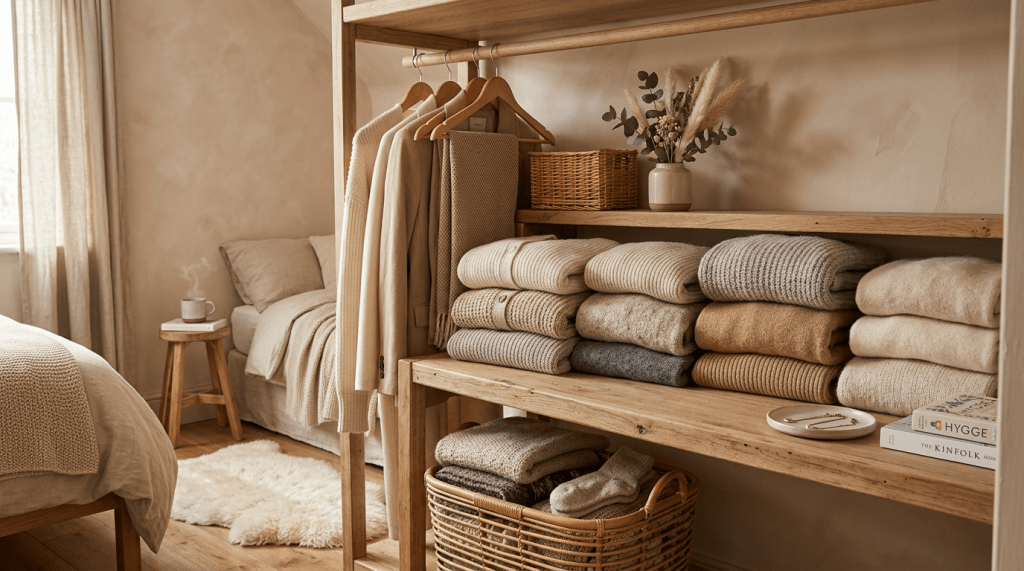 Folded sweaters, hanging jackets, and cozy bedroom with neutral colors