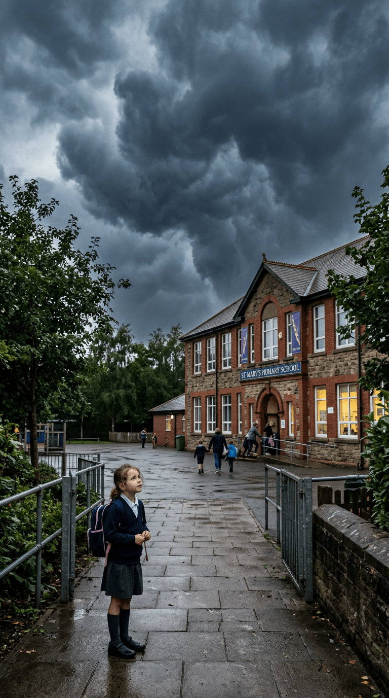 Young student standing on wet pavement outside St Mary's Primary School looking up at stormy clouds